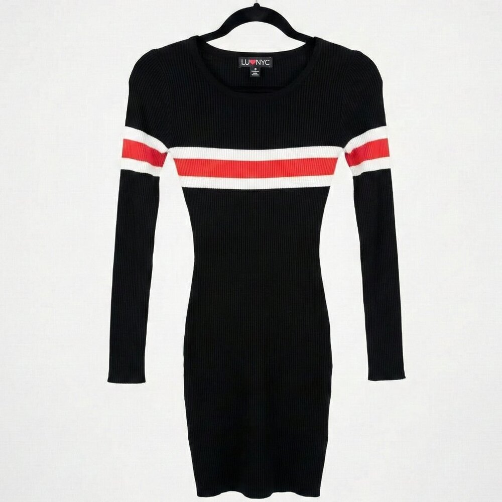 LUV NYC Black Red White Striped Ribbed Long Sleeve Bodycon Mini Dress Small - Picture 2 of 4